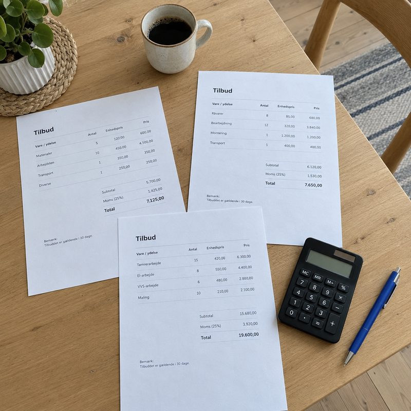 Køkkenbord med tilbud, lommeregner og kvitteringer klar til fradragsopgørelsen